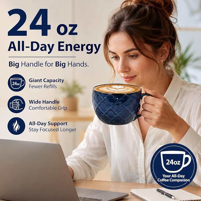 24 oz Large Coffee Mug, Ceramic Coffee Mugs with Handles, Soup Bowl, Blue | Big Coffee Mug for Hot Chocolate, Cappuccino, Soup, Oatmeal, Ramen, Microwave & Dishwasher Safe, Coffee Cups Large Soup Bowl