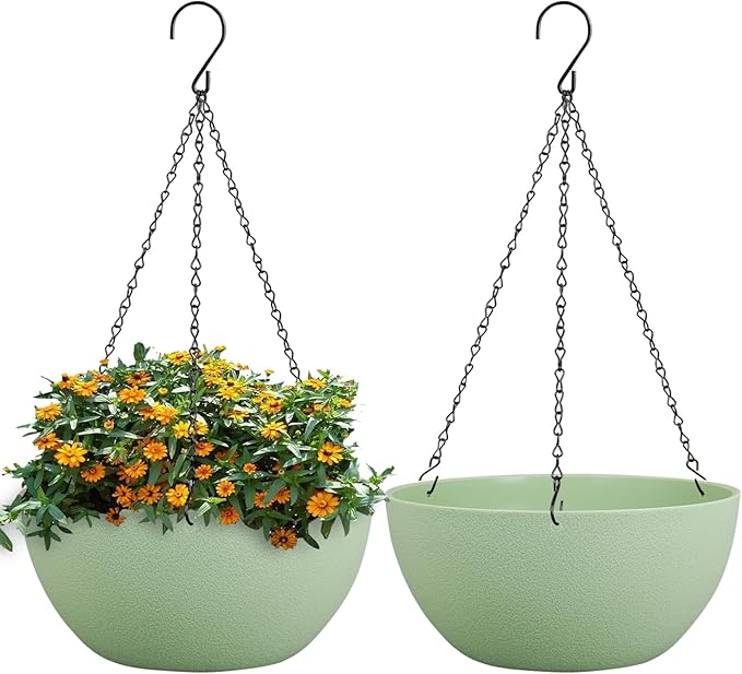 10 inch Hanging Planters for Outdoor Indoor Plants with Drainage Holes and Chain, 2 Pack Round Hanging Flower Pots for Garden Home Porch Decor,Green