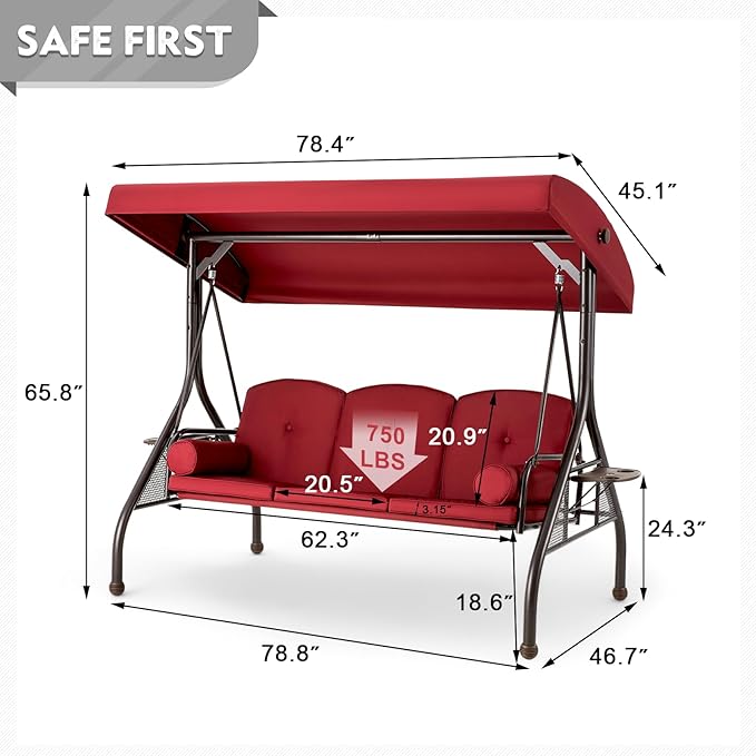 HOMREST 3 Seat Outdoor Porch Swing with Adjustable Canopy, Convertible Patio Swing Bed with Stand, Patio Glider Swing with Upgraded Cup Holder, Thicken Cushions & Pillow for Backyard (Wine Red)