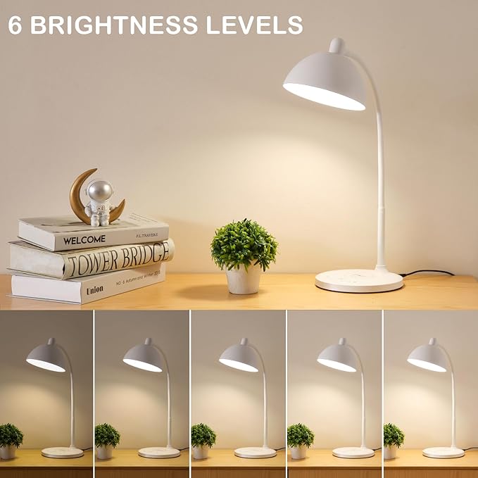 BOHON Desk Lamp, LED Desk Lamp with USB Charging Port, Wireless Charger Desk Light for Home Office, 5 Colors 6 Levels Brightness, Touch Table Lamp for Bedroom Bedside College Dorm Reading, White