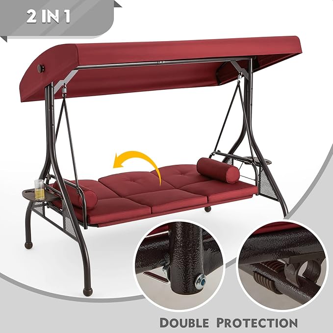 HOMREST 3 Seat Outdoor Porch Swing with Adjustable Canopy, Convertible Patio Swing Bed with Stand, Patio Glider Swing with Upgraded Cup Holder, Thicken Cushions & Pillow for Backyard (Wine Red)