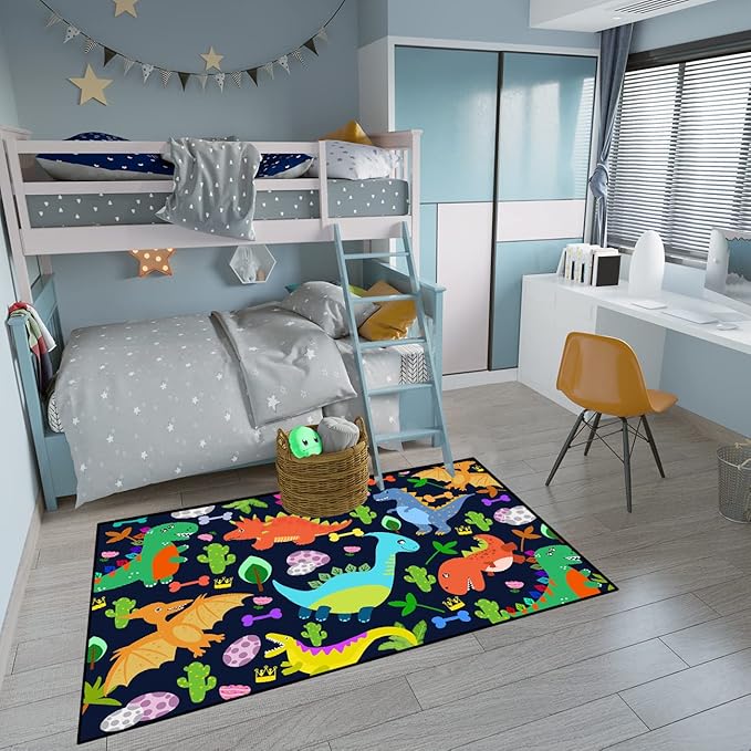 Dinosaur Rug for Boys Room Cartoon Dinosaur Area Rugs Kids Rug Dinosaur Rug Kids Play Rug Dinosaur Play Rug for Bedroom and Kidroom Playing Room,Dark Blue 3'×4'