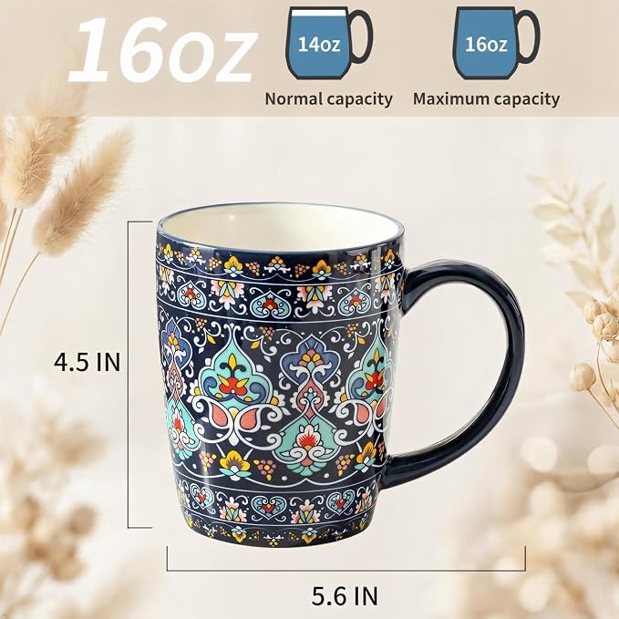glowworm Ceramic Coffee Mugs Set of 6, 16 oz Mug with Handle, Bohemian | Milk,tea, Large Coffee Cups for Latte Cappuccino, Milk Colorful Cup for Mom Dishwasher & Microwave Safe