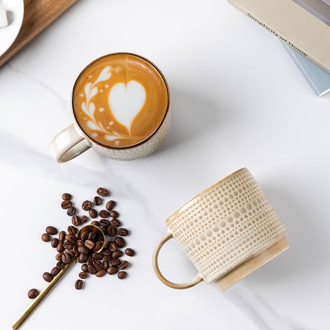 GBhome 16OZ Stackable Coffee Mugs, Ceramic Coffee Mugs with Texture Patterns for Man,Woman,Dad,Mom, Modern Coffee Mugs Set of 4 for Latte/Cappuccino/Cocoa. Dishwasher&Microwave Safe
