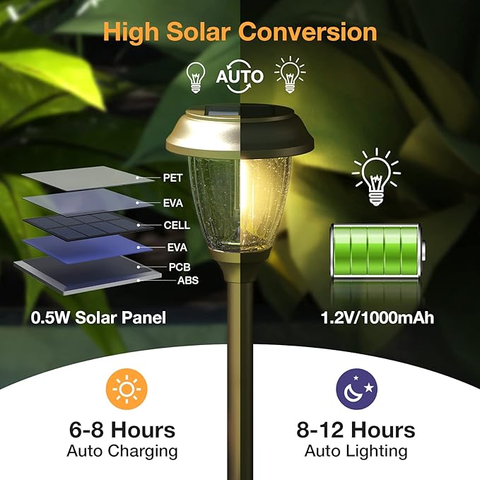 XMCOSY+ Solar Lights Outdoor 10/25 LM LED with 2 Lighting Modes, Solar Garden Lights Glass and Metal, IP65 Waterproof Solar Powered for Yard Pathway Walkway Driveway Patio (6 Pack, Warm White)