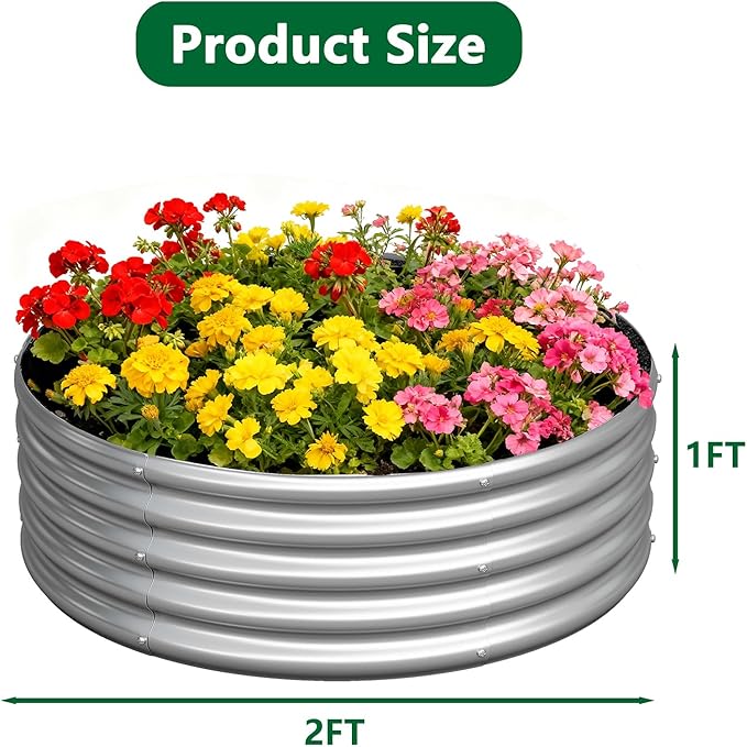 zizin 2 Pack Galvanized Raised Garden Bed Metal Round Raised Garden Beds Outdoor Planter Box for Vegetables (2FT, Silver)