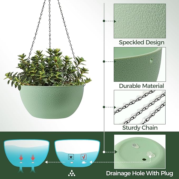 T4U 10 Inch Hanging Planters for Indoor Outdoor Plants, 2 Pack Plastic Hanging Planter, Indoor Hanging Plant Pots, Hanging Basket with Drainage Holes, Flower Pots for Garden Home Decor,Green