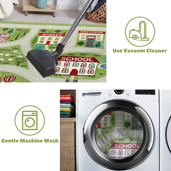 LIVEBOX Green Kids Rug for Kids Room, 3'x5' Washable Road Rug for Playroom, Non-Slip Soft Toy Car Rug for Baby Nursery, Small City Traffic Playmat for Boys Girls Dorm Bedroom Tent
