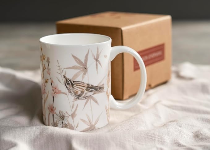 Maison d' Hermine Coffee Mug with Handles Tea Cups (15 Ounce, Pack of 1) | Fine Bone China Coffee Mugs for Hot Beverages Cappuccino Latte Home Spring Summer -Meadow Florals - Beige - Meadow Morning