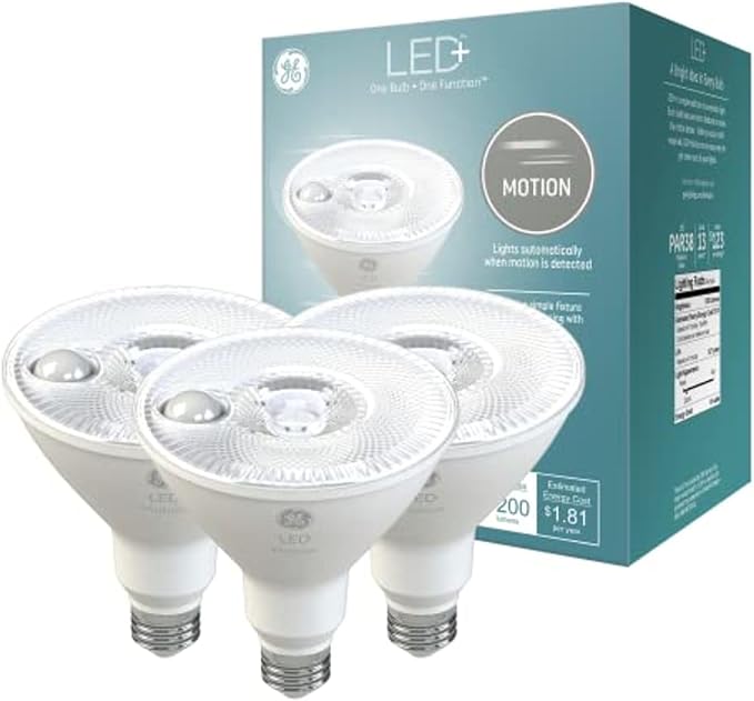 GE LED+ Motion LED Light Bulbs, PAR38 Outdoor Security Floodlights, 15W, Warm White (3 Pack)