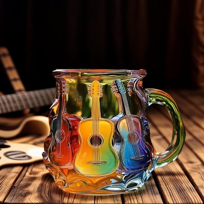 3D Guitar Art Glass Coffee Mug 12 oz – Colorful Handcrafted Cup for Coffee, Tea, Milk – Music Lover Gift – Artistic Glass Mug for Men & Women – Unique Home Décor