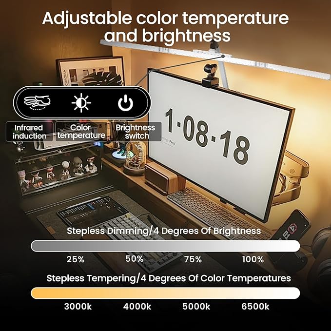 Led Desk Lamp for Home Office, Ultra Bright Touch-Dimming Architect Table Lamp with Clamp, 24W Adjustable Foldable Three Swing Arm Eyecare Led Desk Light with Infrared Sensor -White