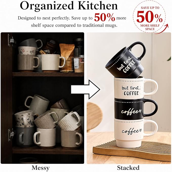 10oz Stackable Coffee Mugs Set of 4, Modern Ceramic Coffee Mug | Coffee Cup for Man, Woman, Dad, Coffee Mug Set for Hot Drinks, Coffee, Cocoa & Tea, Latte Mugs Cup Set for Home & Office Use