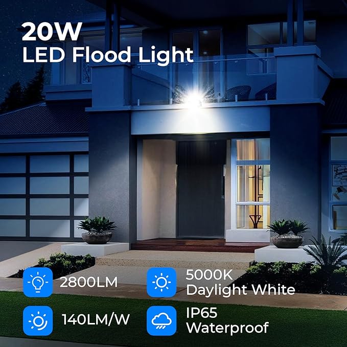 CINOTON 20W LED Flood Lights Outdoor, IP65 Waterproof Exterior Security Wall Lights with 180°Knuckle, 2800LM 120V Outside Aluminum Lighting Fixture for Buidings Garage Doorway 5000K 4 Pack, UL Listed