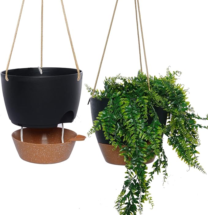 8 inch Hanging Planters, 2 Pack Self Watering Hanging Pots with 20oZ Deep Reservoir for Indoor Outdoor Plants Flowers, Black with Brown