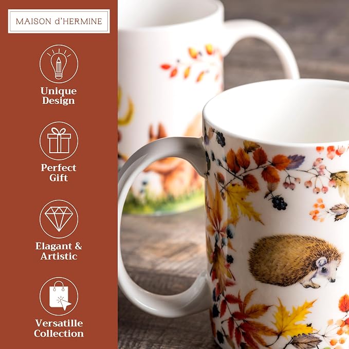Maison d' Hermine Coffee Mug with Handles Tea Cups (12 Ounce, Pack of 2) | Fine Bone China Coffee Mugs for Hot Beverages Cappuccino Latte Home Restaurant Hotel Spring Summer -Sous-Bois