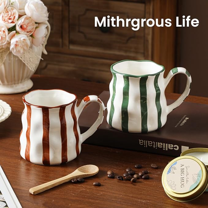 Ceramic Coffee Mugs Set of 2,Ceramic Mugs(Striped),Cute Mugs For Women,14 oz Large Coffee Mugs, Dishwasher Microwave Safe