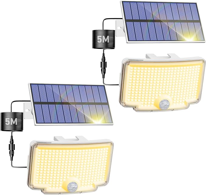 Peasur 2 Pack Solar Motion Lights Outdoor, 318 LED Solar Security Light with 3 Modes, IP65 Waterproof Powered Flood Lights for Outside Garden Backyard,Warm (White Frame)