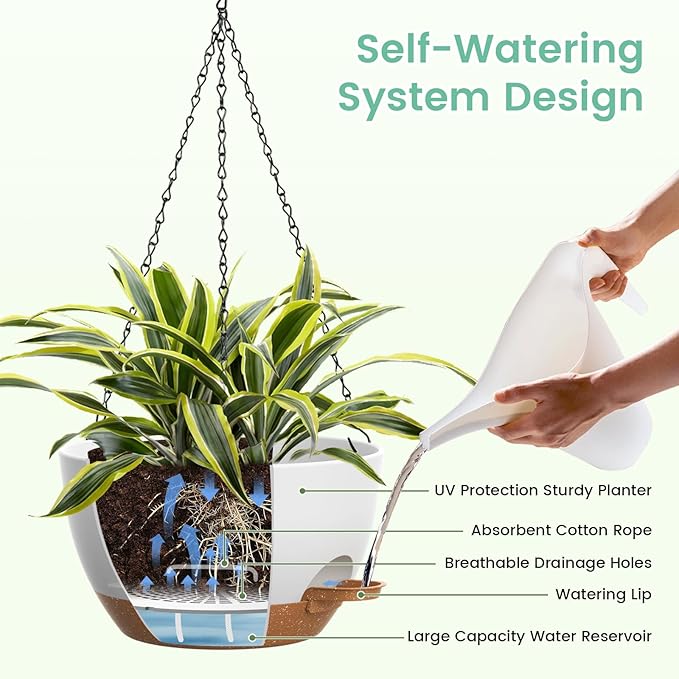 Set of 3-10 Inch Self Watering Hanging Planters for Indoor Outdoor,Hanging Plant Pots with Drainage & Removable Tray, Hanging Pots Holder for Pothos Plant, Ferns, Balcony & Patio,White with Brown