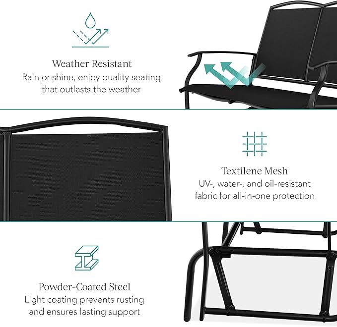 Best Choice Products 2-Person Outdoor Patio Swing Glider Steel Bench Loveseat Rocker for Deck, Porch w/Textilene Fabric, Steel Frame - Black