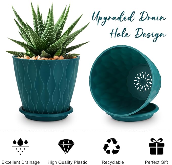 6 inch Plant Pots, 5 Pack Flower Pots Outdoor Indoor, Planters with Drainage Hole and Tray Saucer(Blue