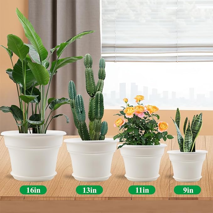 13 Inch Plastic-Flower-Pot-for-Indoor-Plants, 4 Pack Large Outdoor Planter Pot with Drainage Holes & Saucers, Resin Decorative Garden Pots Planters
