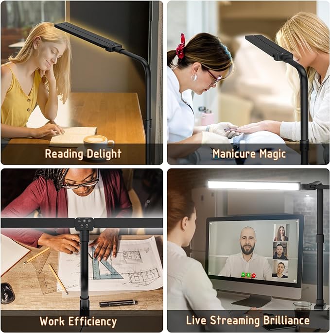 LED Desk Lamp for Home Office- 24W Double Head Desk Light with clamp, 5 Lighting Modes, 11 Brightness Levels, Adjustable Gooseneck Lamp with Timer- Black