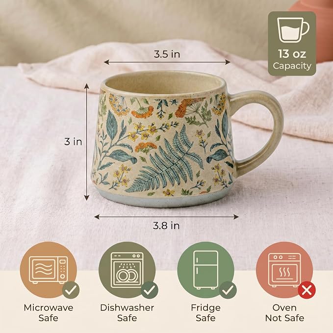 Ceramic Coffee Mug, 13oz Floral Design Pottery cute mugs, Ideal Gift for Women unique vintage pretty coffee mugs (Summer Whisper)