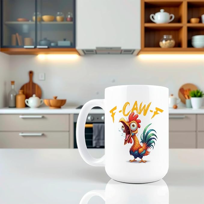 F-Caw-F Coffee Mug, Fun Coffee Mugs, Funny Cups, Fcawf, F Caw F, Funny Cups for Adults, 15 oz Ceramic Fcawf Chicken, Hidden Message, Adult Humor Gag Gift, White Elephant Gift