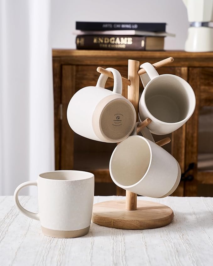 famiware Coffee Mugs Set of 8, Milkyway 13 oz Mug Set, Ceramic Cup Set with Handle for Coffee, Tea, Cocoa, Milk, Matte White + Matte Dark Charcoal