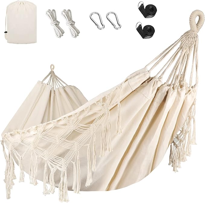 Bellzacasa Double Hammock, Heavy Duty 500 lb Load Capacity Tassels and Fishtail Knitting with Mounting Straps for Outdoor Camping Patio Balcony Beige