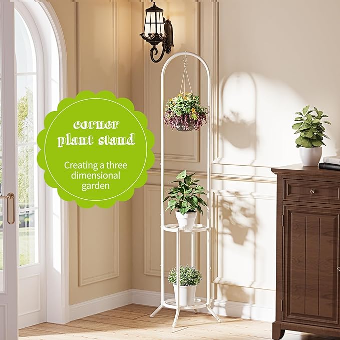 BMOSU Plant Stand with Hooks Indoor Outdoor Corner Tall Plant Stand Heavy-Duty Metal 3-Tier Plant Shelf Holder Rack for Patio Garden Balcony Living Room Bedroom(circular White)