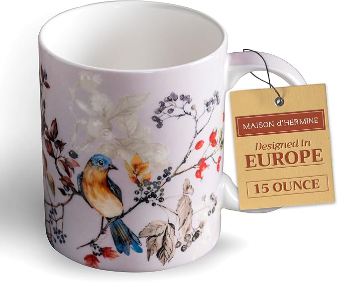 Maison d' Hermine Coffee Mug with Handles Tea Cups (15 Ounce, Pack of 1) | Fine Bone China Coffee Mugs for Hot Beverages Cappuccino Latte Home Restaurant Spring Summer -Equinoxe - Grey - Sparrows