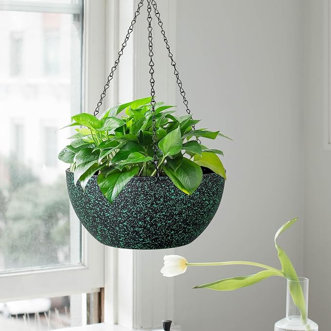 10inch Hanging Planters for Outdoor Indoor Plants with Drainage Holes and Chain, 2 Pack Round Hanging Flower Pots for Garden Home Porch Decor, Black with Green Speckles