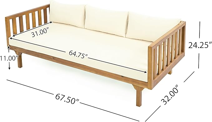 Christopher Knight Home Claremont Outdoor 3 Seater Acacia Wood Daybed with Fabric Water Resistant and Removable Cushions, Patio Garden Poolside Sofa with Slat Paneling Armrest and Back, Teak and Beige