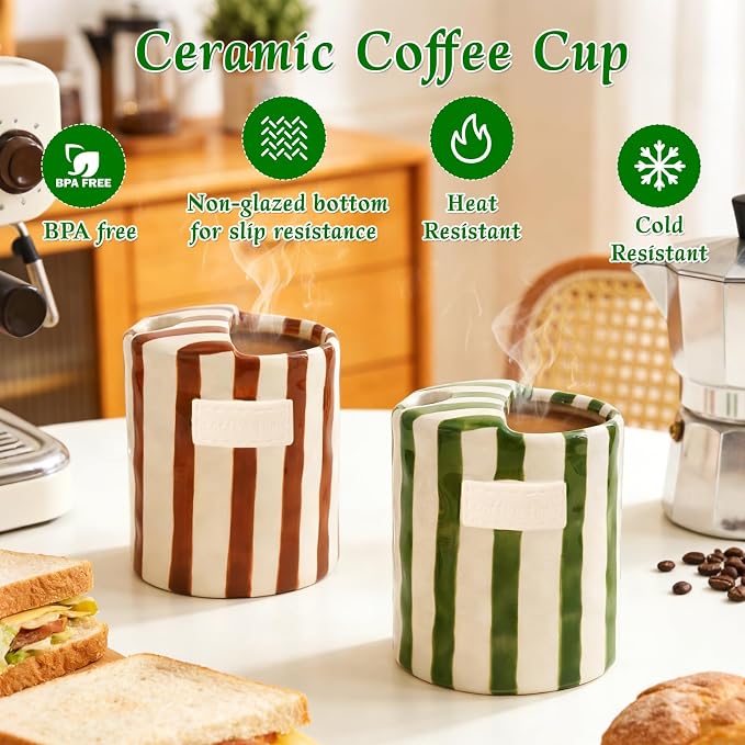 Ceramic Coffee Mug with Sip Hole 10oz Cute Espresso Cup | Unique Hand-Drawn Green and White Striped Design, Microwave and Dishwasher Safe, for Kitchen Dining, Office, Holiday Gift