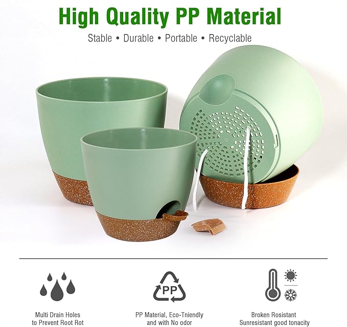 Large Self Watering Pots, 12/10/9 Plastic Planters with High Drainage Holes and Deep Reservoir for Indoor Outdoor Garden Plants and Flowers, Green with Brown