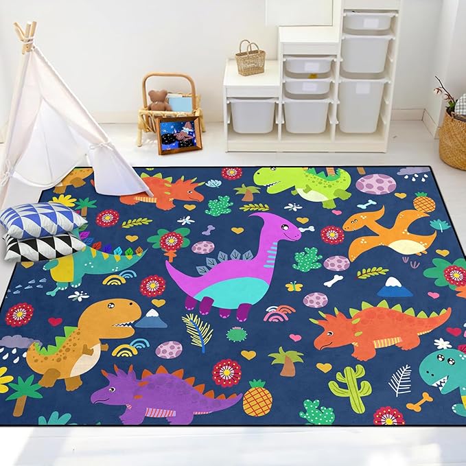 Dinosaur Rugs for Boys Bedroom Dinosaur Play Rug Kids Room Rug Dinosaur Area Rug Cartoon Dinosaur Carpet Cute Dinosaur Mat Dinosaur Rug for Living Room Bedroom Playroom, Blue 4'5''×6'