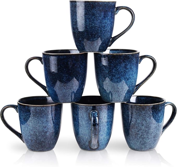 vicrays Coffee Mug Set, 12 Ounce, Set of 6, Ceramic Mug for Men, Women, Unique Glazed Mugs with Handle for Coffee, Tea, Milk, Cocoa, Cereal(blue)