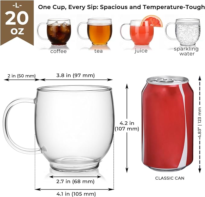 Aquach 20oz Glass Coffee Mugs Set of 2, Clear Borosilicate Tea Cups | Dishwasher/Microwave Safe, Single-walled, Smooth Rim, Handle Comfort, Large Capacity Fits Hot/Cold Brews