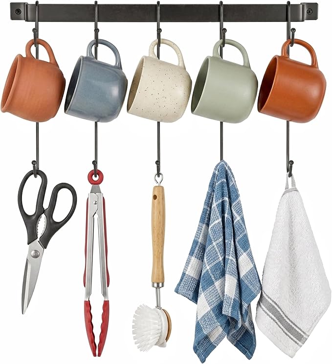 17" Coffee Mug Hook Rack Wall Mounted Set of 2 | Black Metal Tea Cup Holder Hanger Organizer 10 Hooks, Kitchen Rail Utensil Rack for Dining Room Coffee Bar