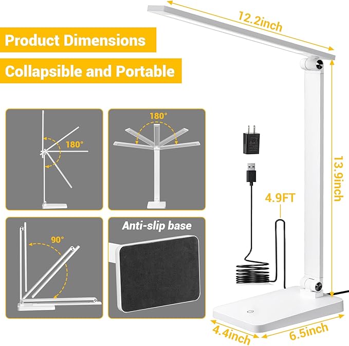 LED Desk Lamp for Home Office, 3 Levels Dimmable Desk Light with USB Charging Port, Small Study Lamp, Reading Light for Table, White, 5000K