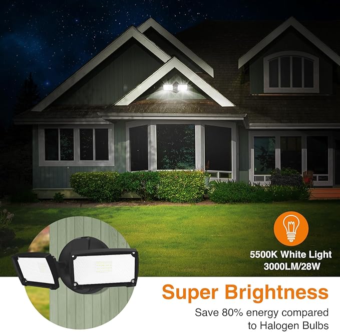 LEPOWER 28W 3000LM LED Security Flood Light Outdoor, Switch Controlled Aluminum Security Light, 2 Adjustable Heads, 5500K Daylight, IP65 Waterproof, Wet Location for Patio, Garden, Yard Lights