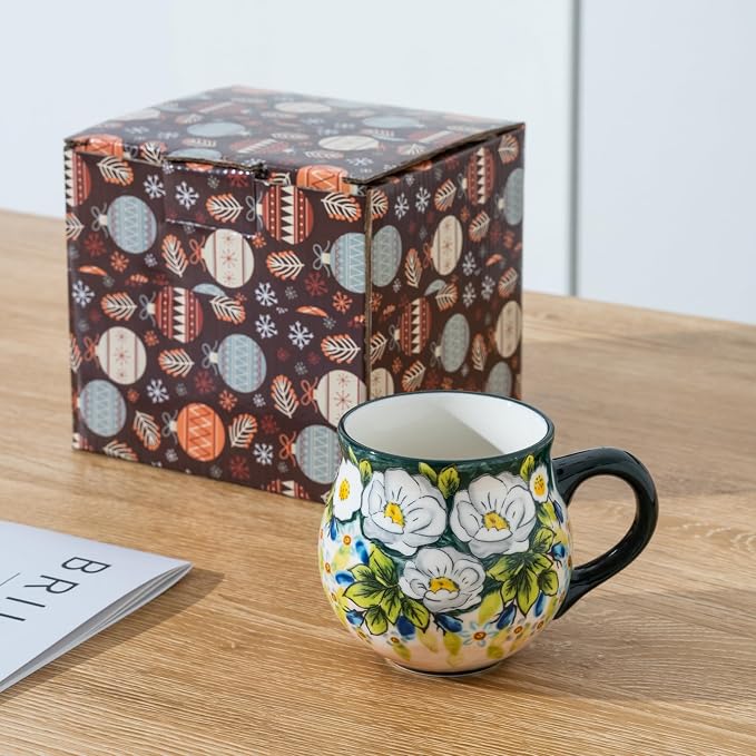 ALMA 12oz Handmade Floral Ceramic Coffee Mug | Microwave & Dishwasher Safe, Ideal for Morning Coffee Tea, Home Kitchen Dining Room Display, For Home Makers & Women