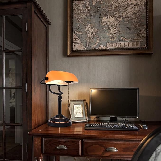Rustic Desk Lamp Pull Chain, Traditional Bankers Desk Lamp with USB Port, Vintage Farmhouse Table Lamp for home office library