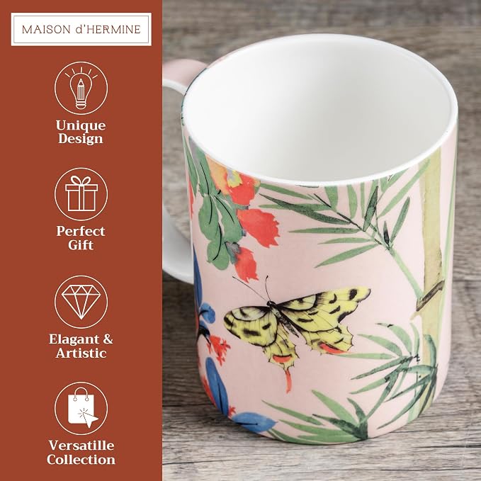 Maison d' Hermine Coffee Mug with Handles Tea Cups (12 Ounce, Pack of 1) | Fine Bone China Coffee Mugs for Hot Beverages Cappuccino Latte Home Restaurant Hotel Spring Summer -Canne - Fargesia