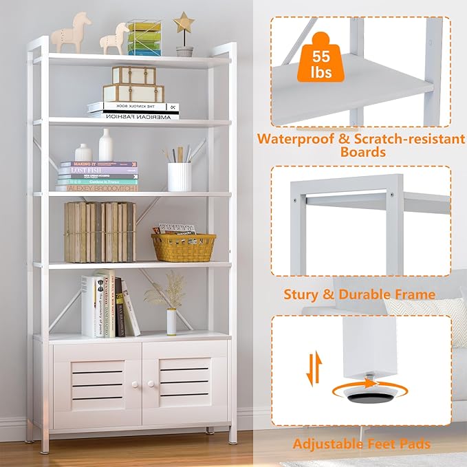 Storage Cabinet with 4 Open Shelves,1 Cupboard,White Bathroom Display Standing Shelf, White Wooden and Metal Frame Shelf for Living Room, Bathroom Bedroom, Home Office Organizer