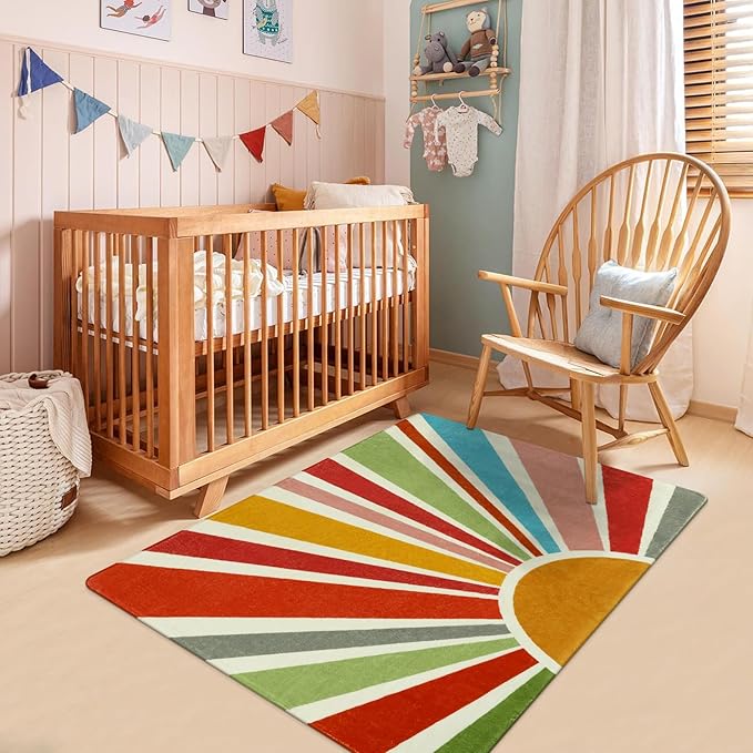 Boho Washable Rug 3'x5' Rug Kids Area Rug for Playroom, Colorful Kids Rug for Bedroom, Non-Slip Throw Sun Carpet Soft Small Sunshine Rug for Office Nursery Entryway Dorm
