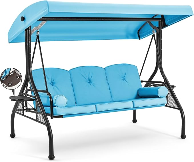 HOMREST 3 Seat Outdoor Porch Swing with Adjustable Canopy, Convertible Patio Swing Bed with Stand, Patio Glider Swing with Upgraded Cup Holder, Thicken Cushions & Pillow for Backyard(Sky Blue)