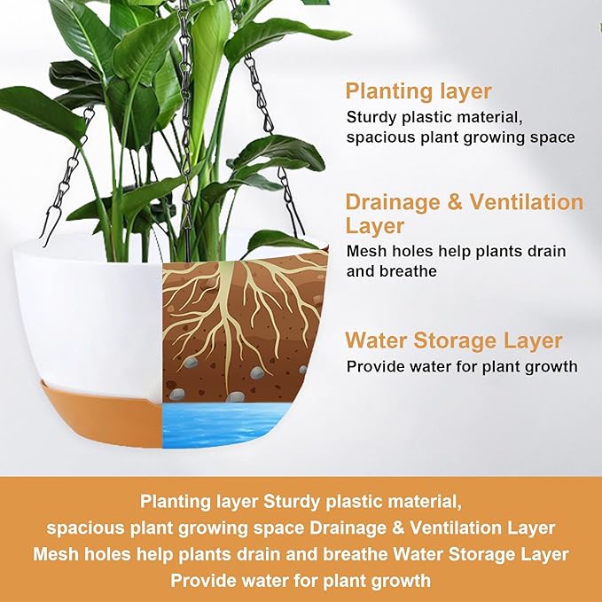 10 inch Hanging Planters for Indoor Outdoor Plants with Self-Watering Pots, 3 Pack Plastic Hanging Basket with Removable Tray for Home Garden Porch Balcony Patio Decor(White+Black+Green)